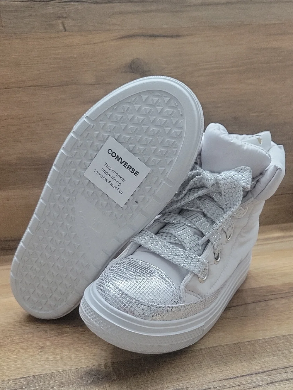 Converse White High-Top Kids Sneakers with Silver Accents